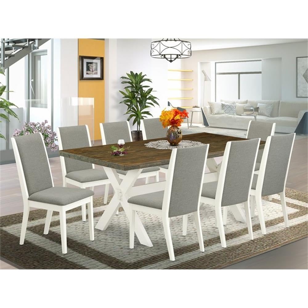 East West Furniture X077La206-9 9 Piece Dining Table Set Includes A Rectangle Dining Room Table With X-Legs And 8 Shitake Linen Fabric Upholstered Parson Chairs, 40X72 Inch, Multi-Color